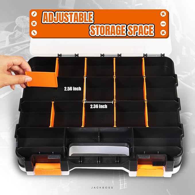Jack Boss Tool Box with Transparent Lid, Double Side 34-Compartments Organizer - Image 3