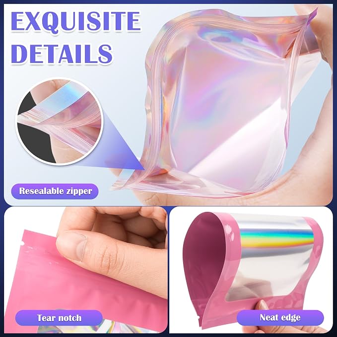 JETMORE 300 Pcs Mylar Bags, Smell Proof Bags Foil Pouch, Holographic Resealable - Image 5