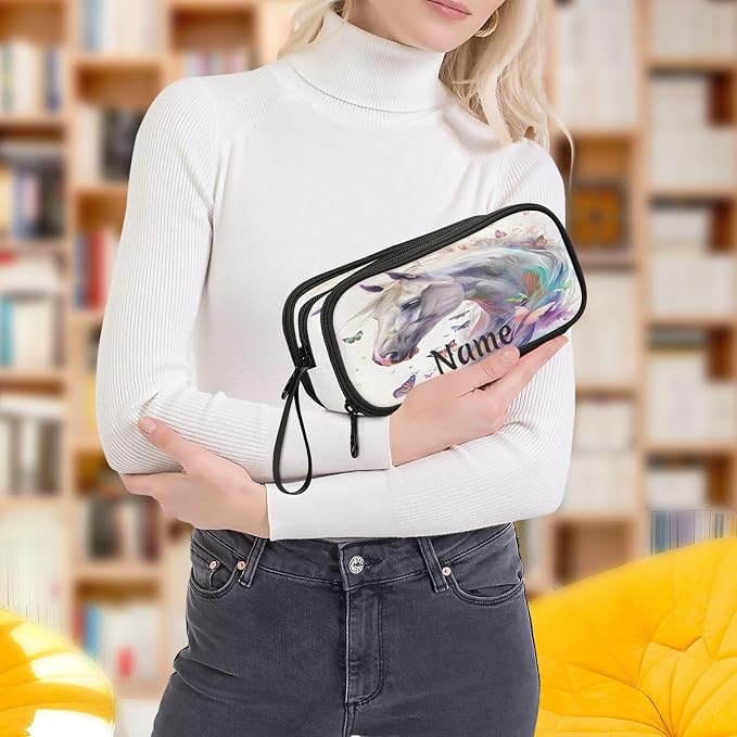 Custom White Horse Butterflies Pencil Case Box Boys Girls Personalized Name - Image 6