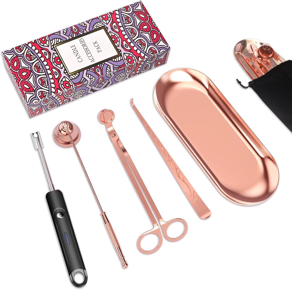 Lsnisni 5Pcs Accessory Set With Rechargeable Electric Lighter, Storage Tray, Wick Trimmer, Snuffer, Dipper, Stainless Steel Care Kit Gift Package for Candle Lover Rose Gold
