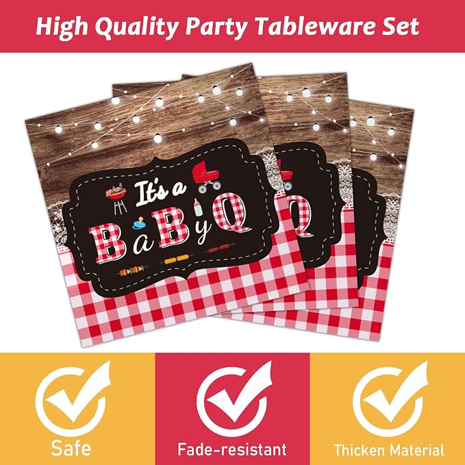 Tevxj 96 PCS BBQ Baby Shower Plates Napkins BabyQ Party Tableware It’s A Baby Q - Image 3