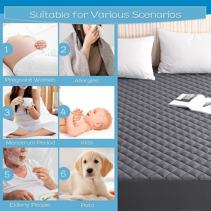 GRT Queen Size Grey Quilted Fitted Mattress Pad, 100% Waterproof Breathable - Image 5