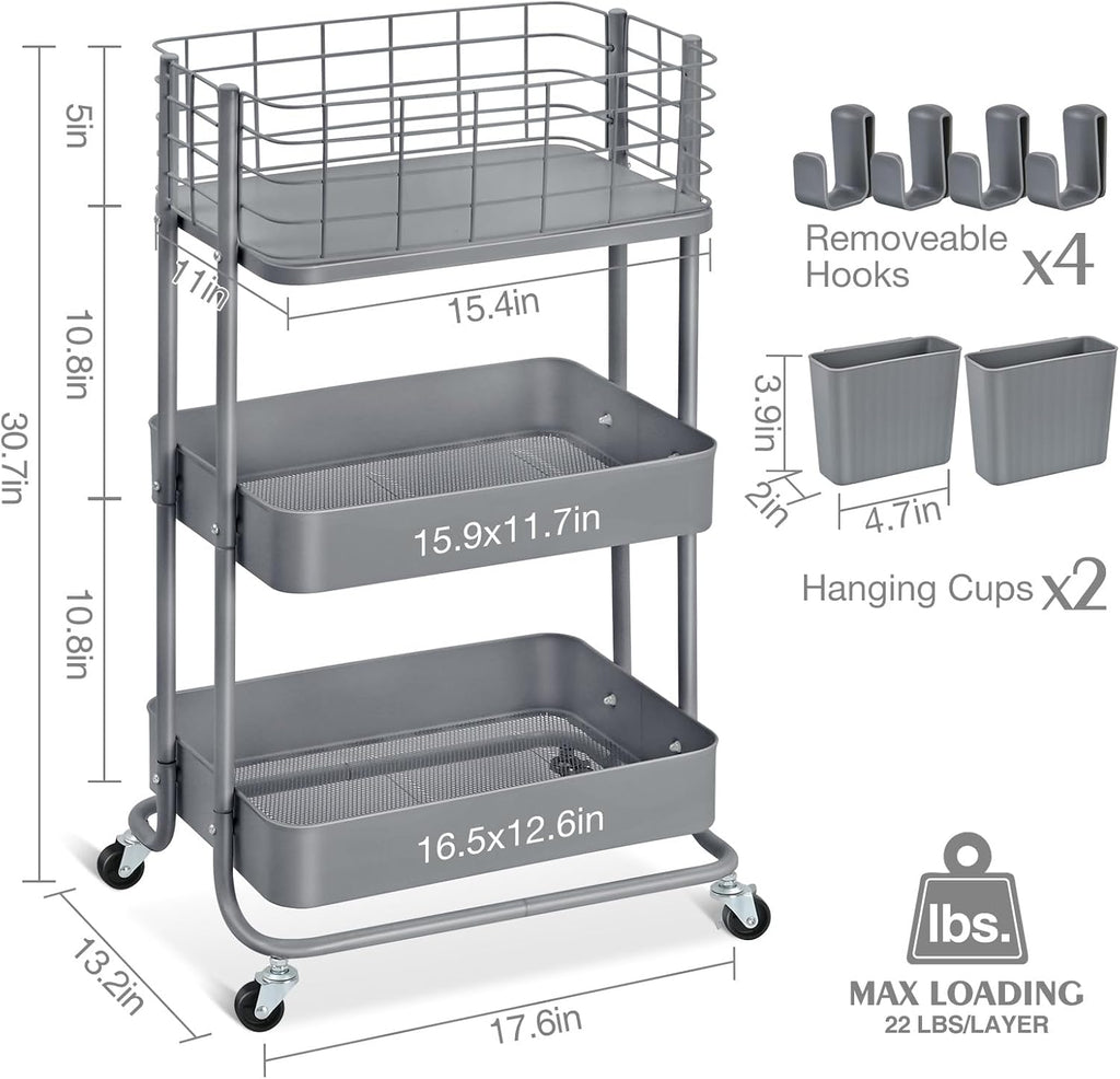 KINGRACK 3 Tier Metal Rolling Cart, Kitchen Organizers and Storage, Slim Storage Cart on Wheels, Laundry Room Organization, Diaper Cart Shelving Unit for Bathroom, Office, Bedroom, Grey