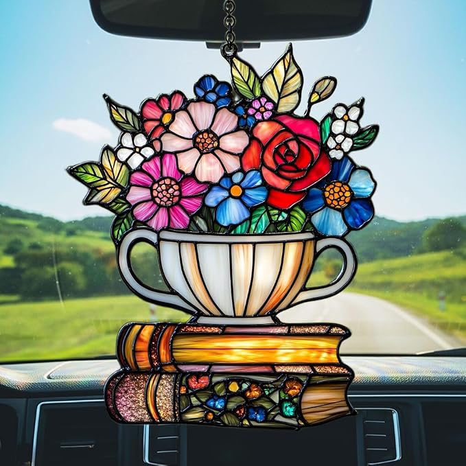 Floral Tea Cup and Books Acrylic Suncatcher Stained Glass Effect Window Car - Image 5