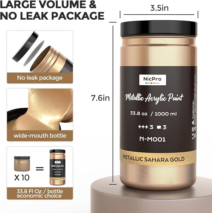 Nicpro Metallic Sahara Gold Acrylic Paint, 33.8oz/1000ml Gold Leaf Paint | Non - Image 5