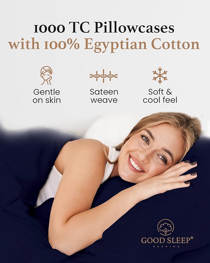 1000 TC Navy Blue King Pillowcases Set of 2 100% Egyptian Cotton Pillow Cases - Image 4