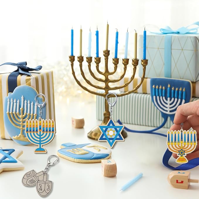 RattanView 24 Pcs Hanukkah Craft Color Your Own Keychains DIY Craft Wooden - Image 6