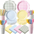 450 Pcs Gingham Tableware Set Decorations Pastel Plaid Paper Plates Napkins by Unknown