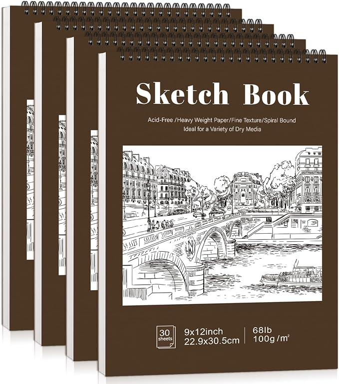 4 Pack Sketch Book, 9 x 12 Inch Sketchbook, 68lb/100gsm Top Spiral Bound Sketch by Prudiut