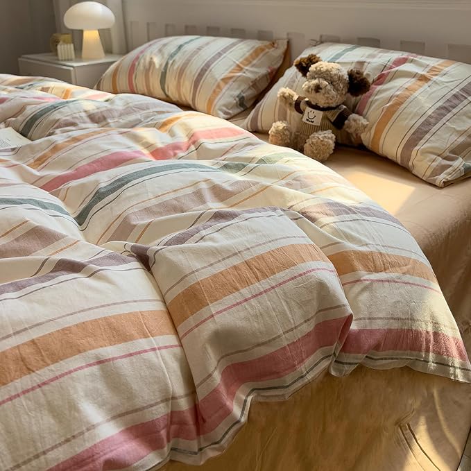 mixinni Vintage Striped Duvet Cover Set Twin Size, 3-Piece 100% Washed Cotton by mixinni