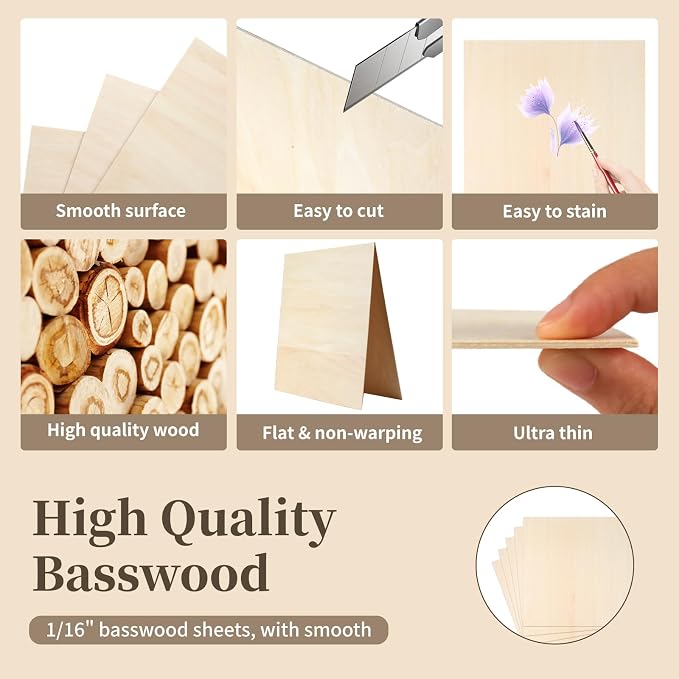 Balsa Wood, Plywood Sheet, Unfinished Basswood Blanks, 12×12×1/16 in, Paint; - Image 4