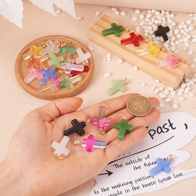Cheriswelry 28Pcs Cross Glass Pendants Colorful Cross Religious Dangle Charms - Image 6