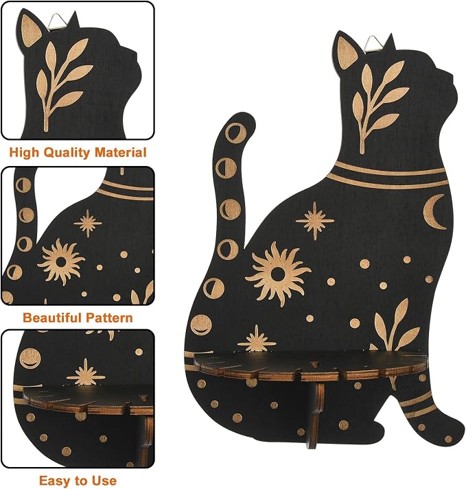 2 pcs 2 Styles Black Cat Theme Wooden Display Shelf Gothic Animal Floating - Image 3