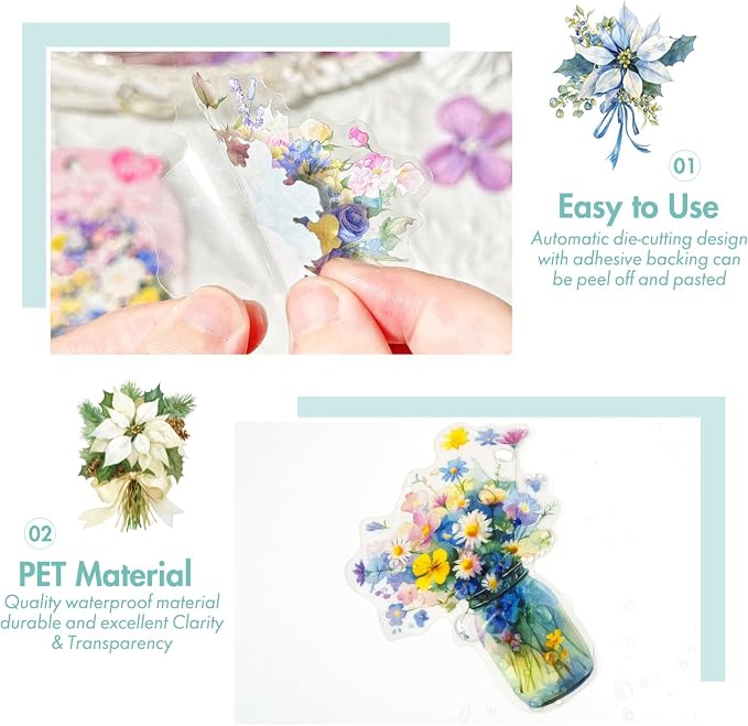 OKUPAN 120Pcs Flower Stickers for Scrapbooking Supplies, Transparent Scrapbook - Image 2