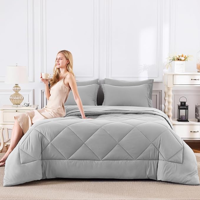 CozyLux Oversized Queen Comforter Set Light Grey, 7 Pieces Bed in a Bag - Image 7