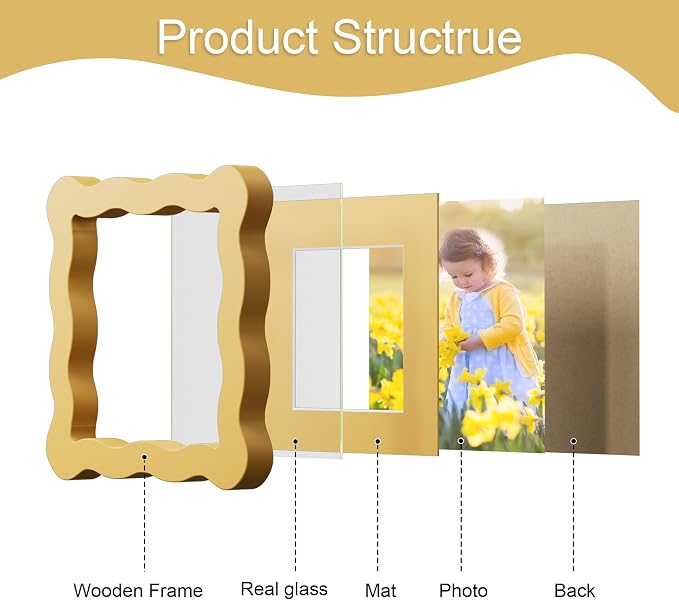 4x4 Picture Frame with Mat for 3x3, Wavy Edge Wooden Real Glass Photo Frame for - Image 5