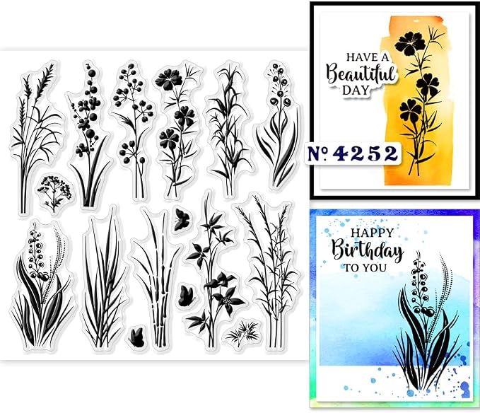 GLOBLELAND Plants Silhouettes Clear Stamps 5.91x5.91 inch Wildflowers Grass by GLOBLELAND