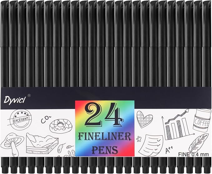 Dyvicl Journal Planner Pens Black Colored Pens, 24 Pack 0.4mm Fineliner Pen Set by Dyvicl