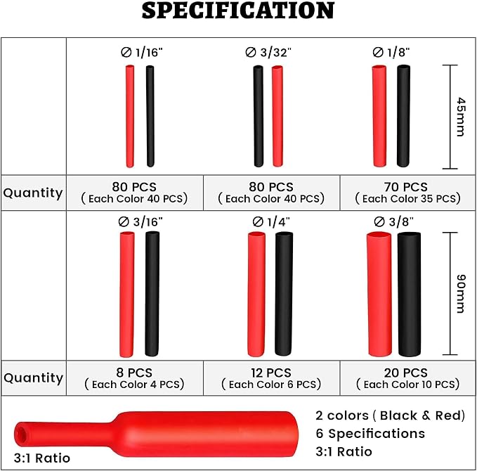 RED WOLF Waterproof Red and Black Heat Shrink Tubing Kit 270PCS, 3:1 Shrinkage - Image 4