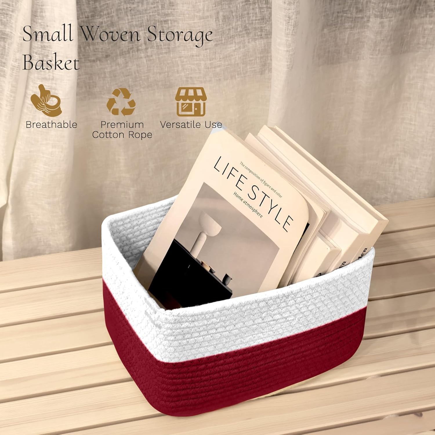 Hopegiver Woven Storage Baskets 11x8x7 Inch, 3 Pack Collapsible Cube Storage Bin for Shelves - Foldable Cotton Rope Organizer Bins for Towels, Toys, Books, Closet, Nursery (White Red)
