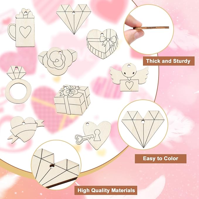 54 pcs Mixed Styles Wedding Theme Unfinished Wooden Cutout Charms Ring Heart - Image 3