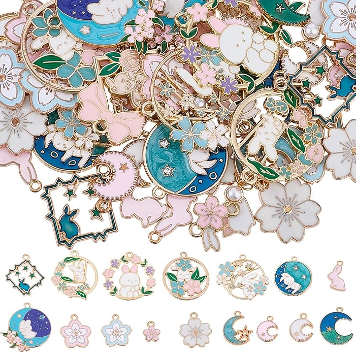 SUNNYCLUE 1 Box 56Pcs 18 Styles Rabbit Charm Flower Charms Bulk Metal Enamel by SUNNYCLUE