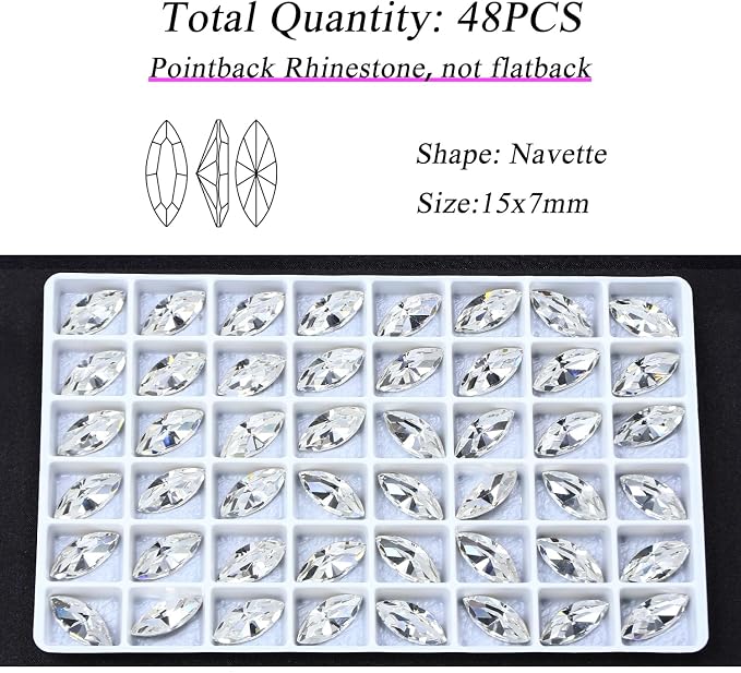 48Pcs Point Back Glass Rhinestones, 15 * 7MM Navette Shape Faceted Rhinestones - Image 2