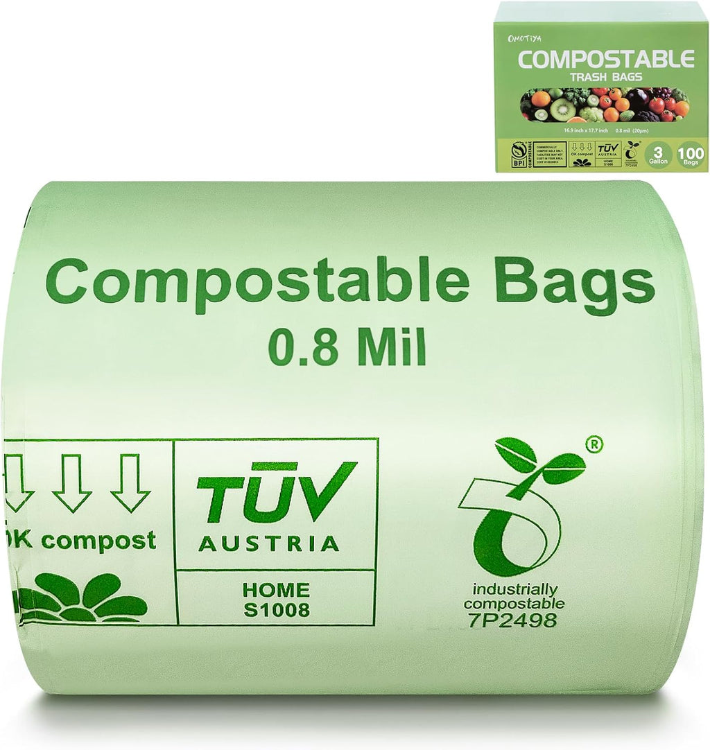 Compostable Trash Bags 3 Gallon, Extra Thick 0.8 Mils, 100 Count, ASTM D6400, BPI, OK Compost Home Certified, Small Kitchen Compost Bags,Green Bin Liners for Food Waste and Composting
