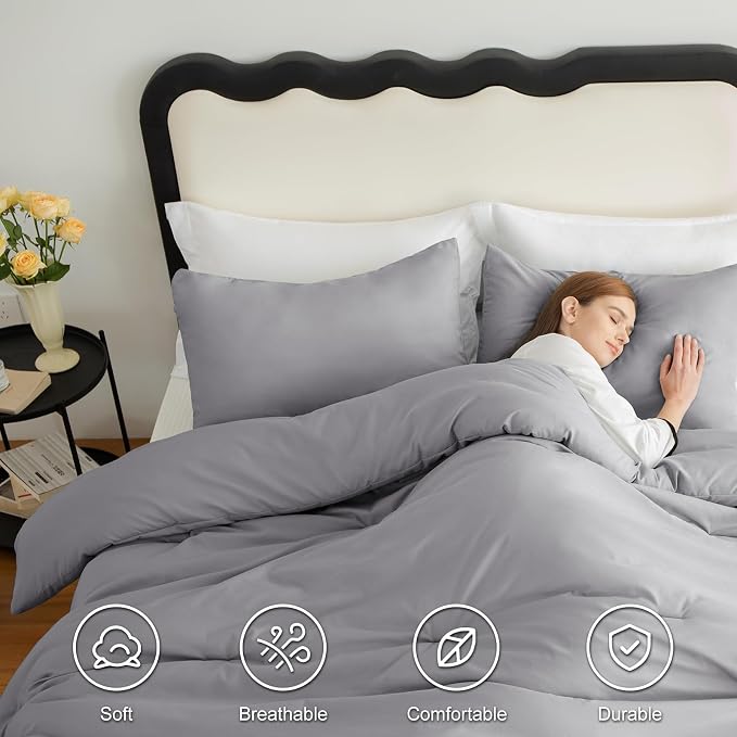 CozyLux Queen Comforter Set Grey, 3 Pieces Solid Comforters Queen Size - Image 5
