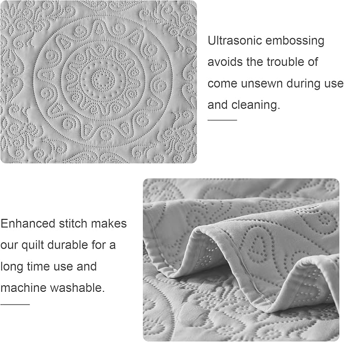 WURUIBO Light Gray Quilt Set King/Cal King Size, Embossing Microfiber Bedspreads - Image 4