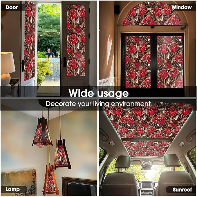 Modern Gold Red Rose Flowers Stained Glass Window Films Decorative Double-Side - Image 5