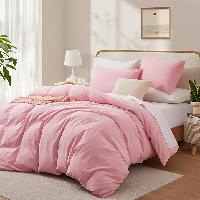 LOVQUE Pink Duvet Cover Full Size, 100% Washed Cotton Linen Like Bedding Set - Image 2
