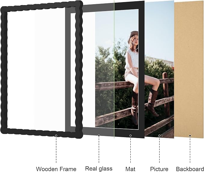 12x16 Picture Frame with Mat for 11x14, Wavy Edge Wooden Real Glass Photo Frame - Image 5