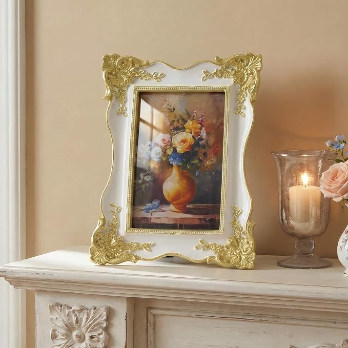 Cuspin 5x7 Picture Frame White and Gold Frames, Vintage Decorative Resin Photo - Image 2