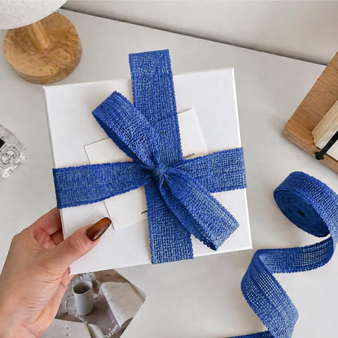 Blue Burlap Ribbon 1-1/2 inch X 10 Yard Blue Linen Wired Ribbon | Natural Linen - Image 2