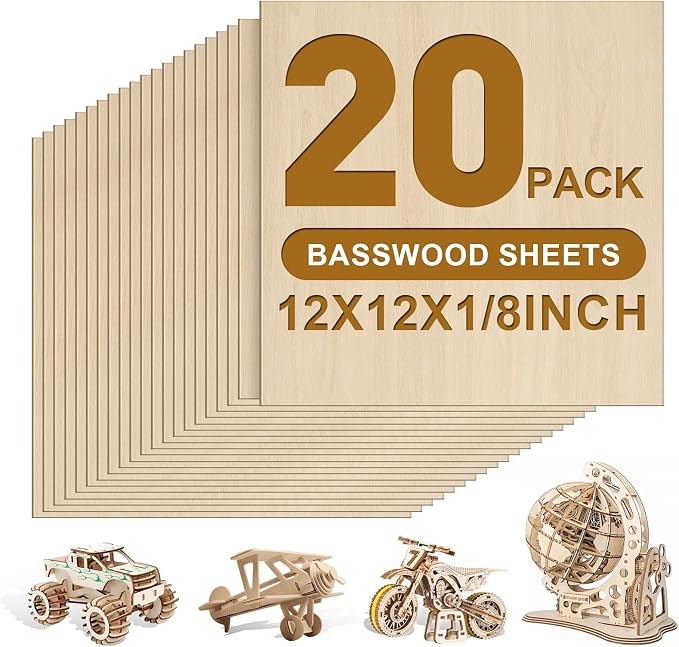 20 Pack Basswood Sheets 1/8x12x12 Inch 3mm Basswood by FUMILE