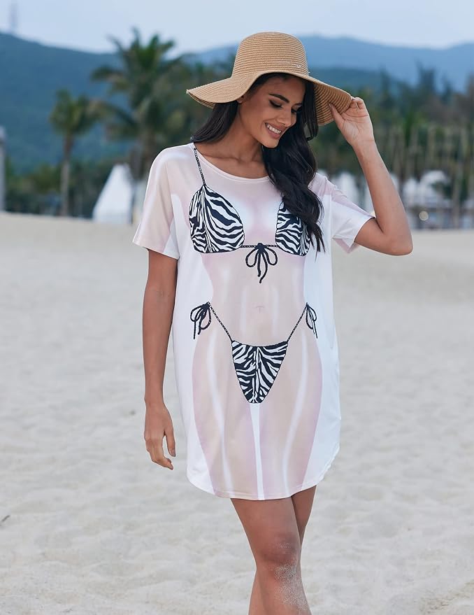 Ekouaer Women's Bikini Shirt Cover Up Short Sleeve Cute Bikini Print Cover-Up - Image 2