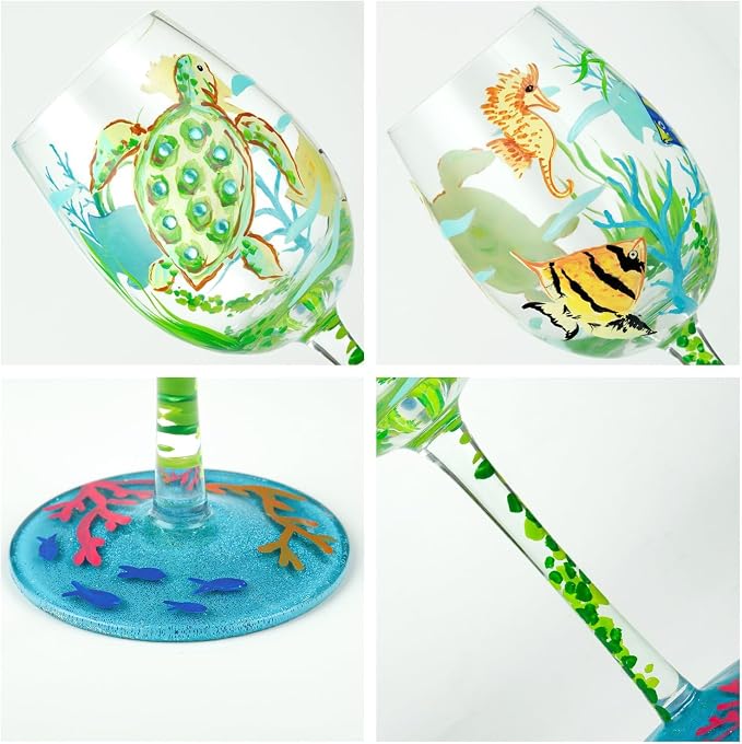 NymphFable 100% Hand-Painted Wine Glass Ocean Turtles Seagrasses Glass Artisan - Image 5