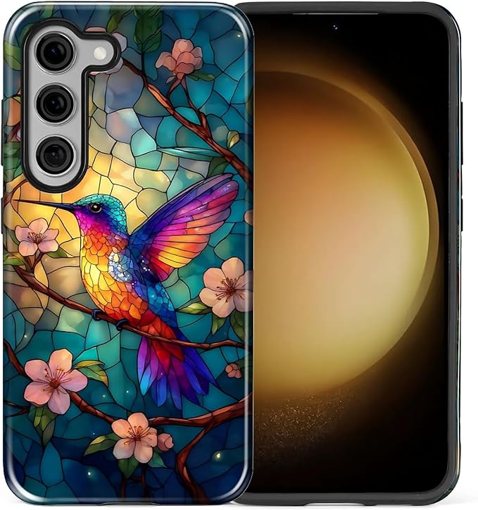 for Samsung Galaxy S23 Case, Stained Glass Hummingbird Pattern Glossy 2 in 1 - Image 2