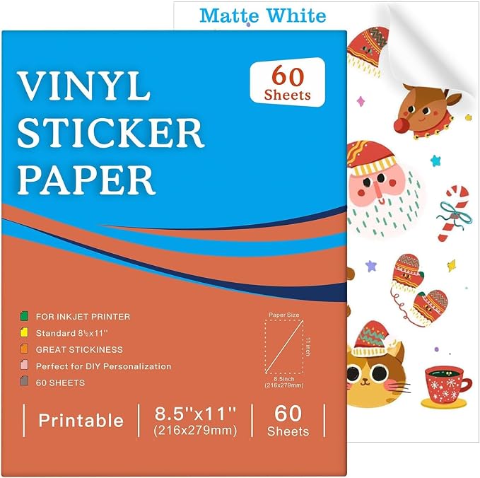 Aevdor 8.5x11 Printable Vinyl Sticker Paper, 60 Matte White Sheets | Matte by Aevdor
