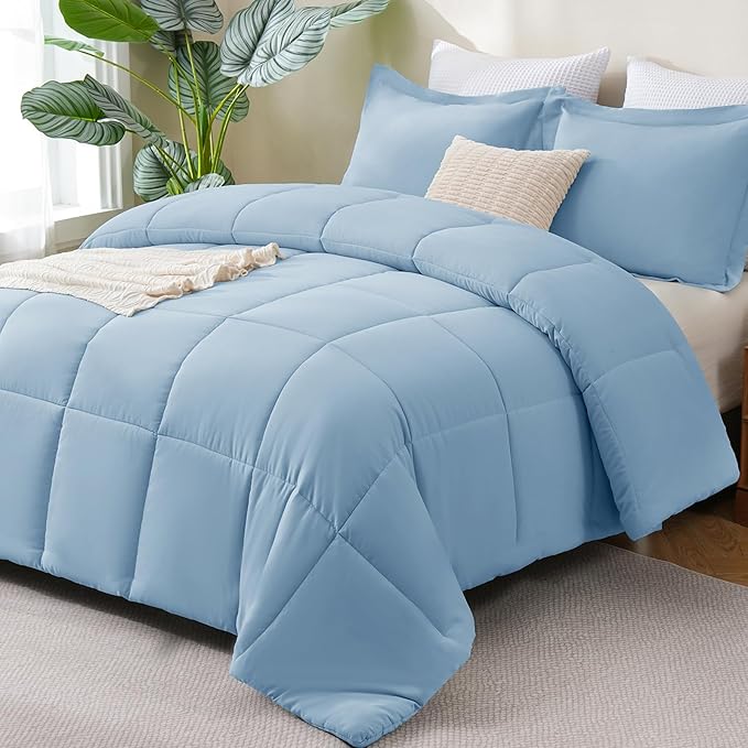 CozyLux Oversized King Comforter Set, 3 Pieces Baby Blue 120x98 Box Stitched by CozyLux