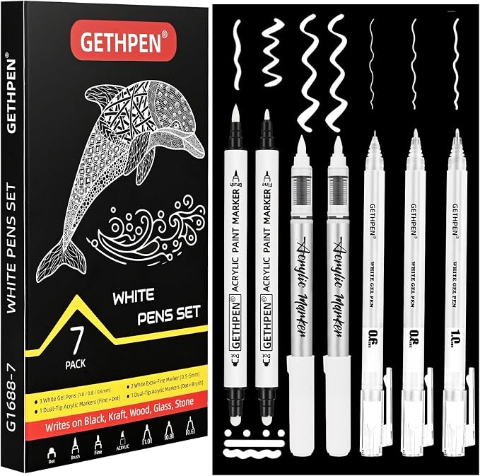 GETHPEN White Ink Pens, Fine Point Gel Pens, Brush Tip Acrylic Markers by GETHPEN