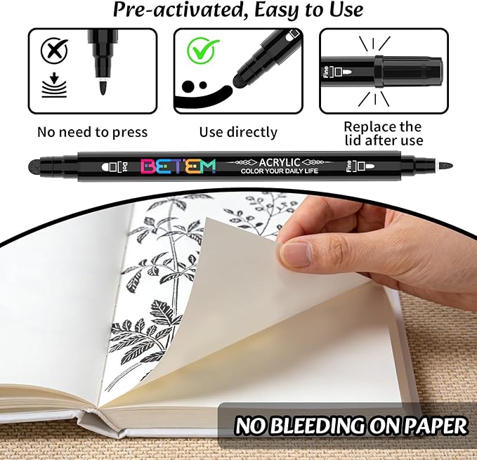Betem 6 Black Dual Tip Acrylic Paint Markers, Fabric Decorating Kits Premium - Image 6