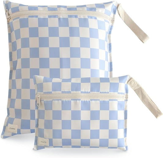 mushie Water Resistant Wet Bags | Large & Small Reusable Storage Bag for Baby Items and Travel | Zippered Pockets with Handle | Machine Washable, Set of 2 (Blue Check)