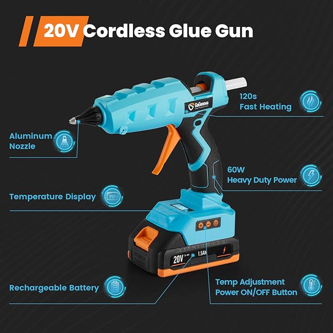 Full Size Cordless Glue Gun, GoGonova 20V Temp Adjust LCD Digital Display Fast - Image 3