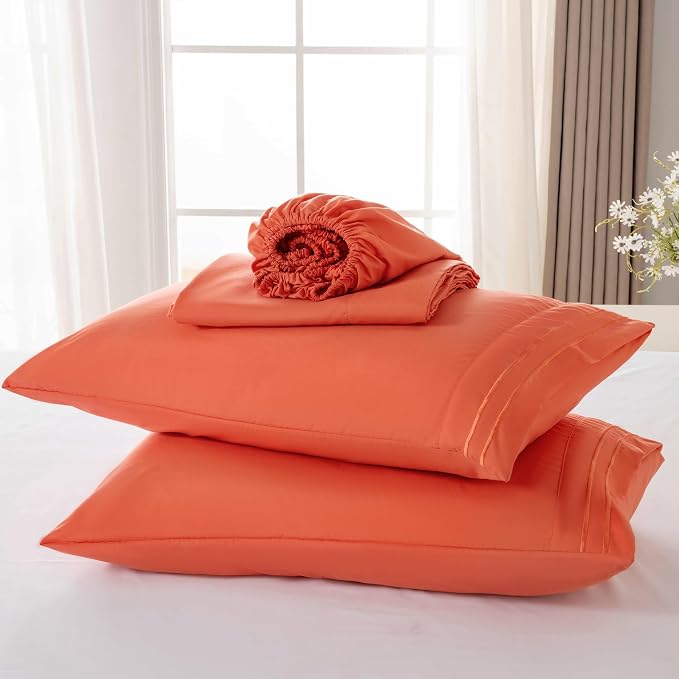 ROSE&RISY Orange Red King Sheet Set, 4 Pieces Soft Bedding King Sheet Set - Image 6