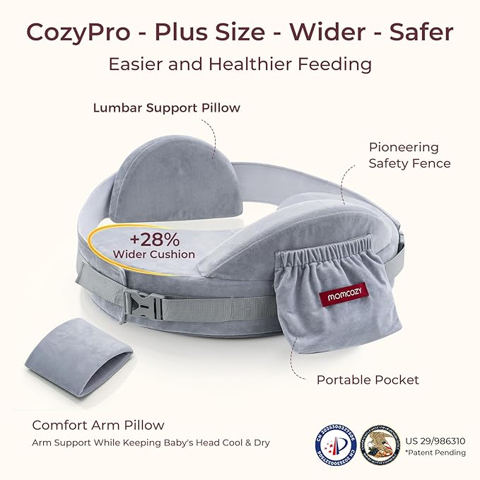 Momcozy CozyPro Nursing Pillow - All Around Lumbar & Arm Support - Safety Fence, Firm & Springy Memory Foam-Stable, Ergonomic Support, Easier Breastfeeding, Wider Cushion, Adjustable, Removable Cover