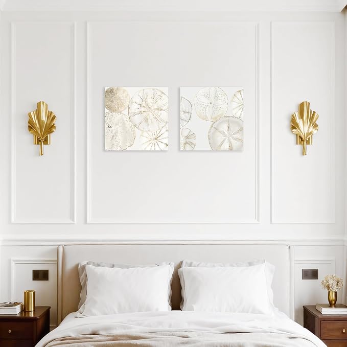 2 Pieces Coastal Wall Art Sea Shell Sand Dollar Painting Modern Abstract Gold - Image 3