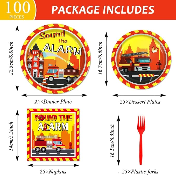 100 Pcs Firetruck Birthday Party Decorations Fireman Plates and Napkins - Image 2