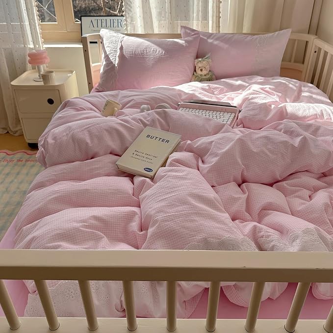 mixinni Pink Gingham Duvet Cover Queen Size - Image 4